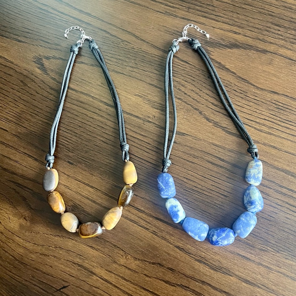 Natural stone necklace set with leather cord and clasp tigers eye natural blues